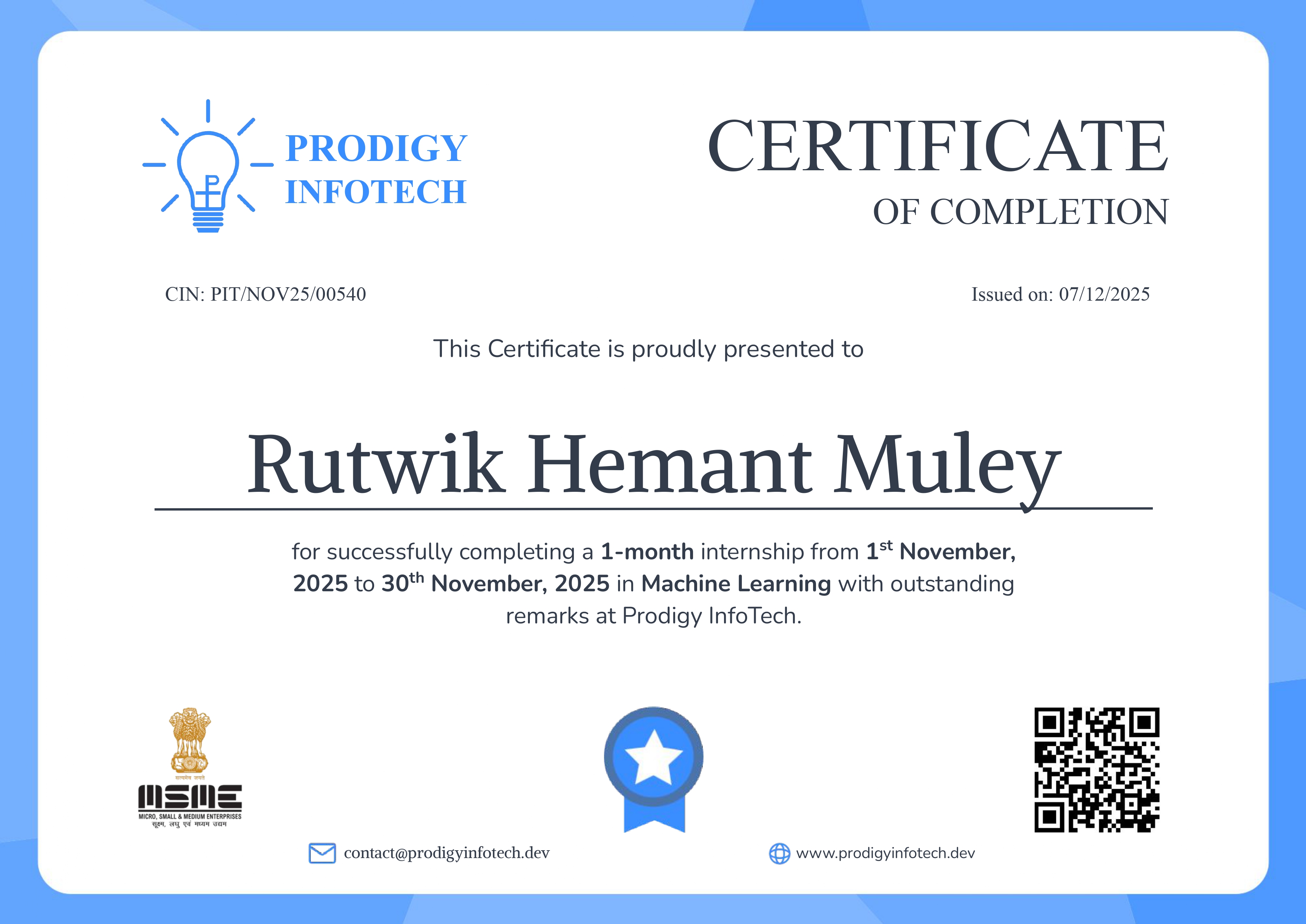 Prodigy Internship Completion Certificate & LoR